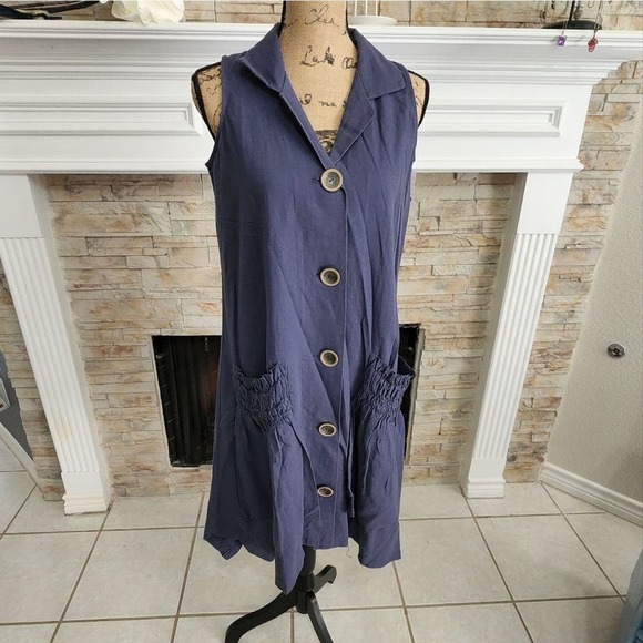 For Cynthia Navy Linen Blend Kimono Dress Size Large, XS NEW!!! - Picture 2 of 11
